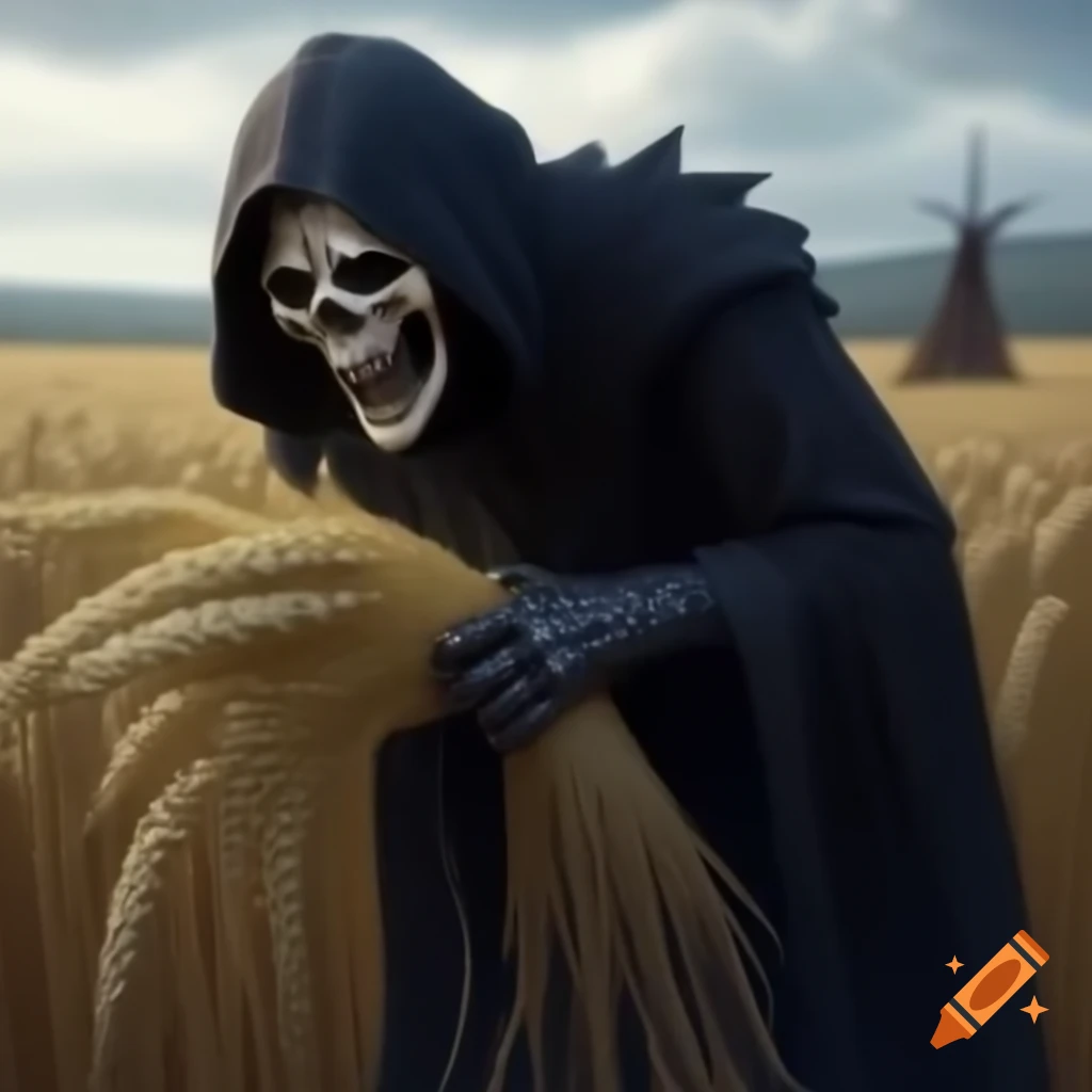 Gothic reaper harvesting wheat in a field