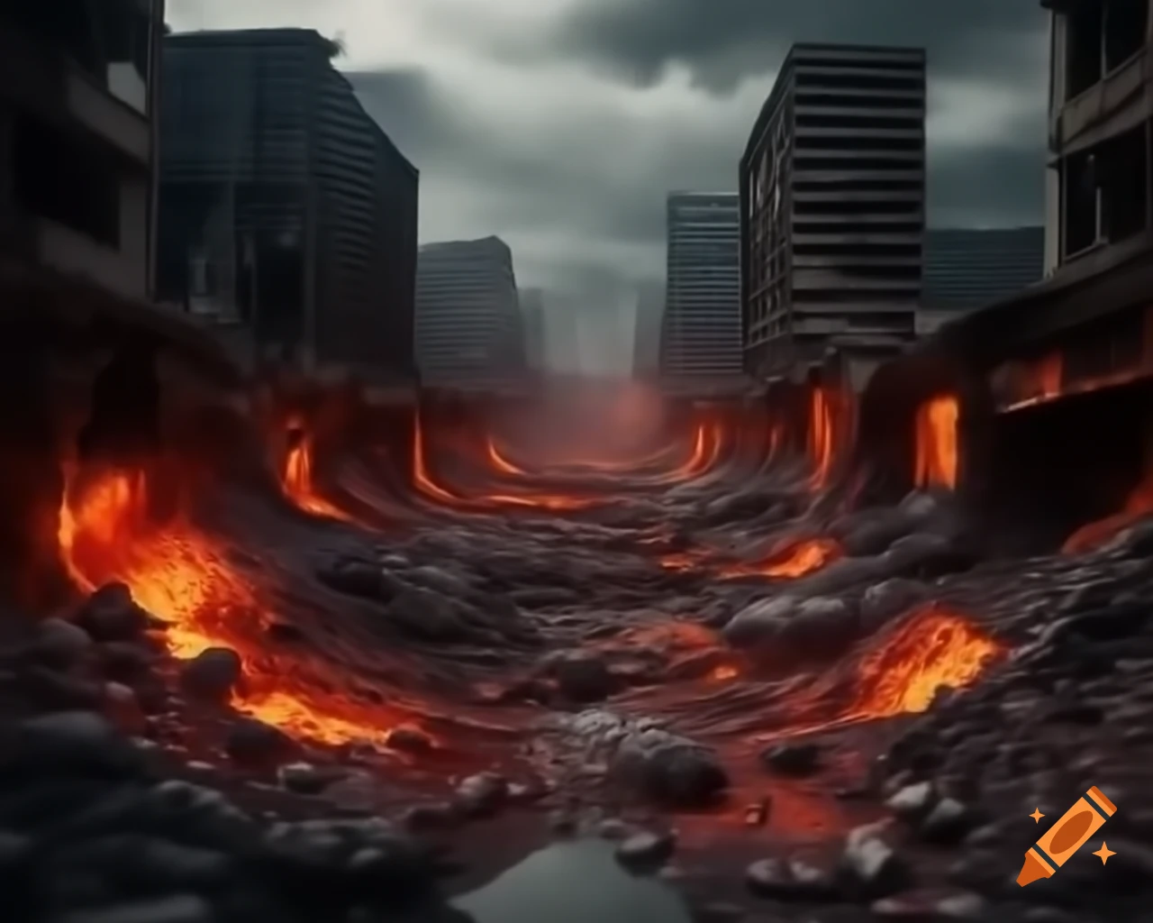 City in chaos with lava flowing through the streets