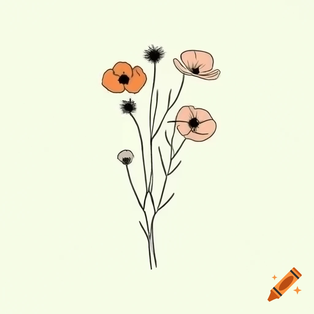minimalist-black-line-drawing-of-cosmos-flowers-and-branches-in-orange