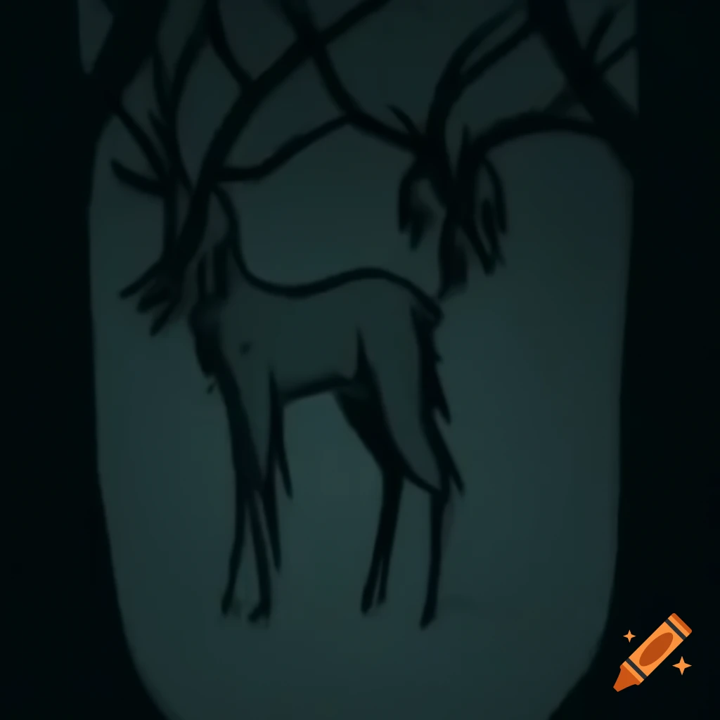 Creepy sketch of mutant deer-goat hybrid in dark forest