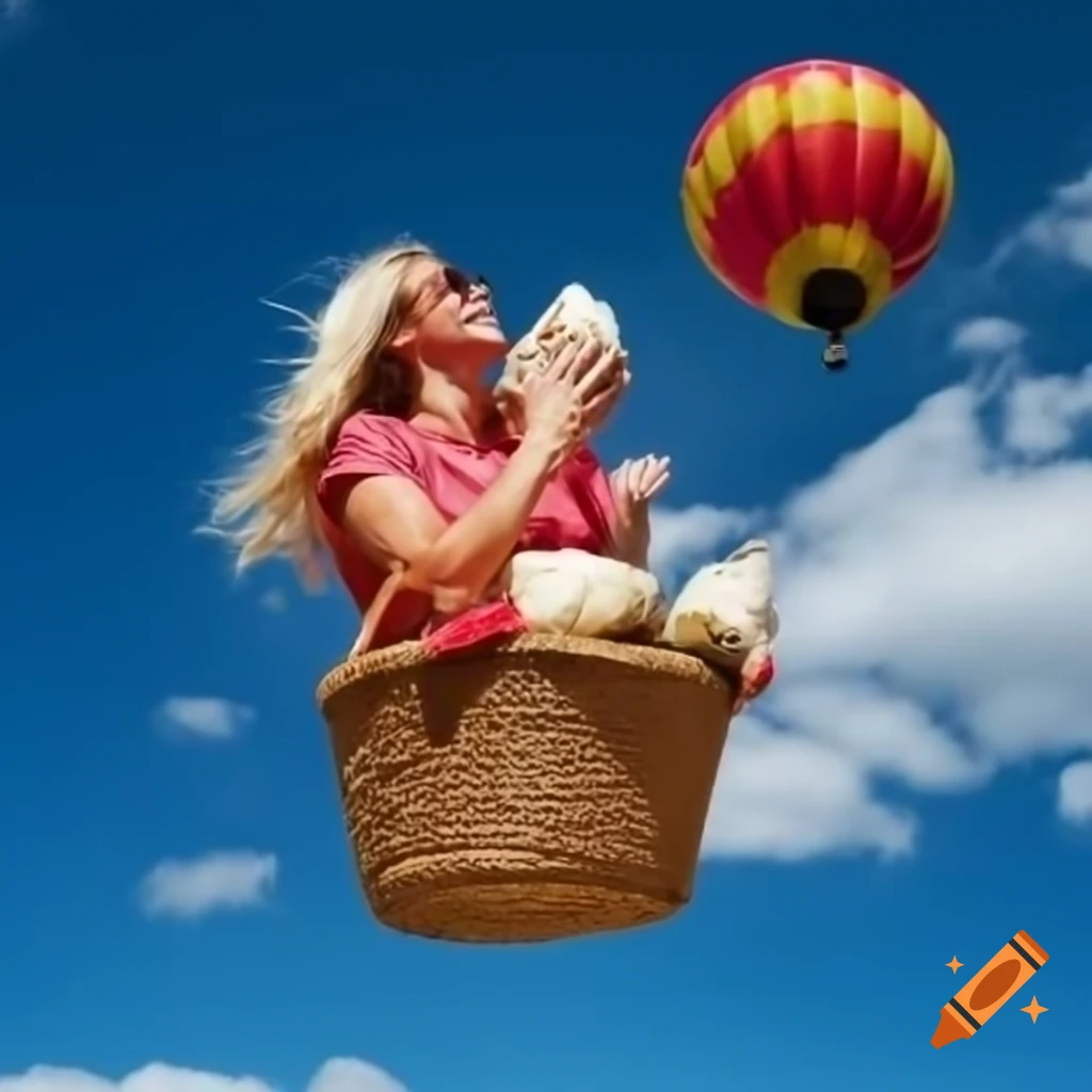 Blonde woman in hot air balloon holding loaf of bread while flying in the sky