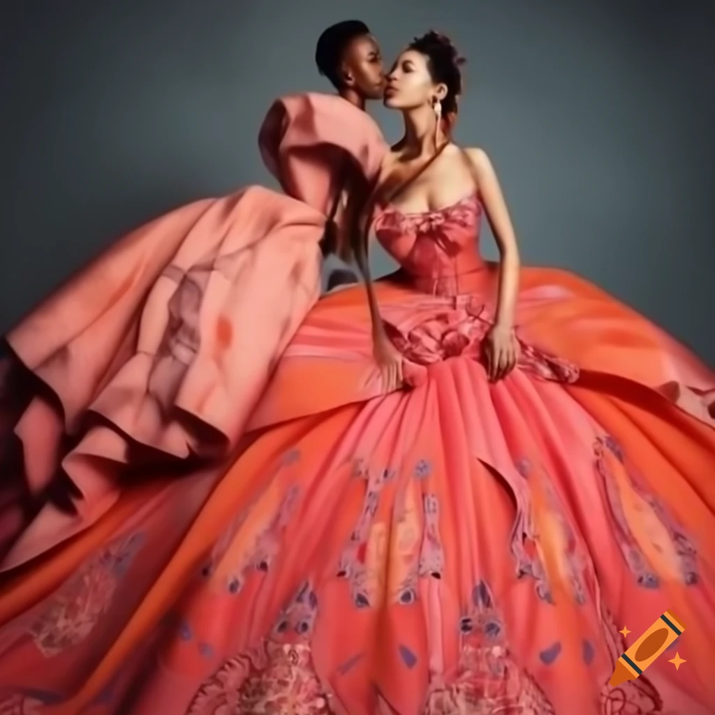 Stunning haute couture dress with intricate pattern and embroidered