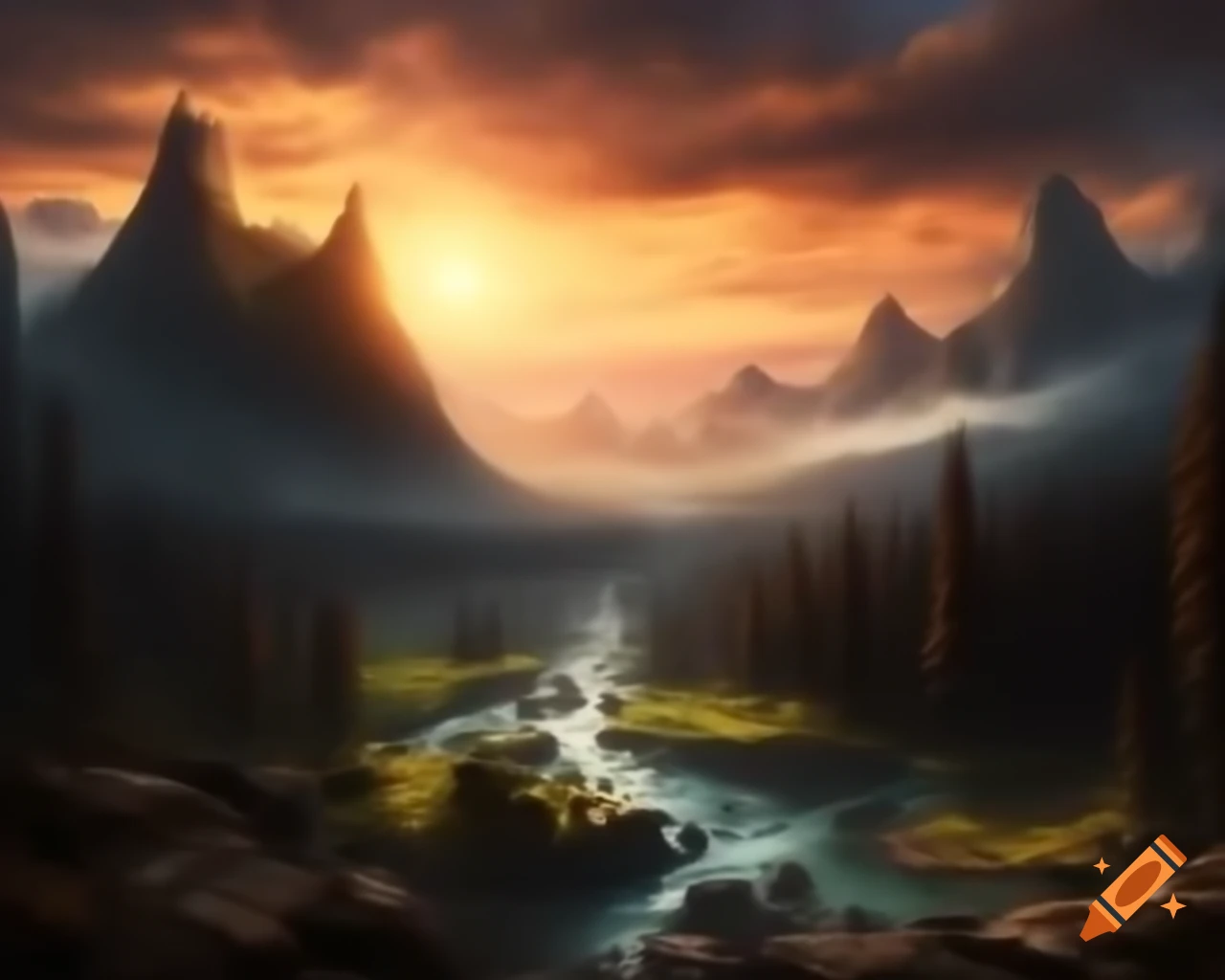 Majestic mountain range towering over winding river