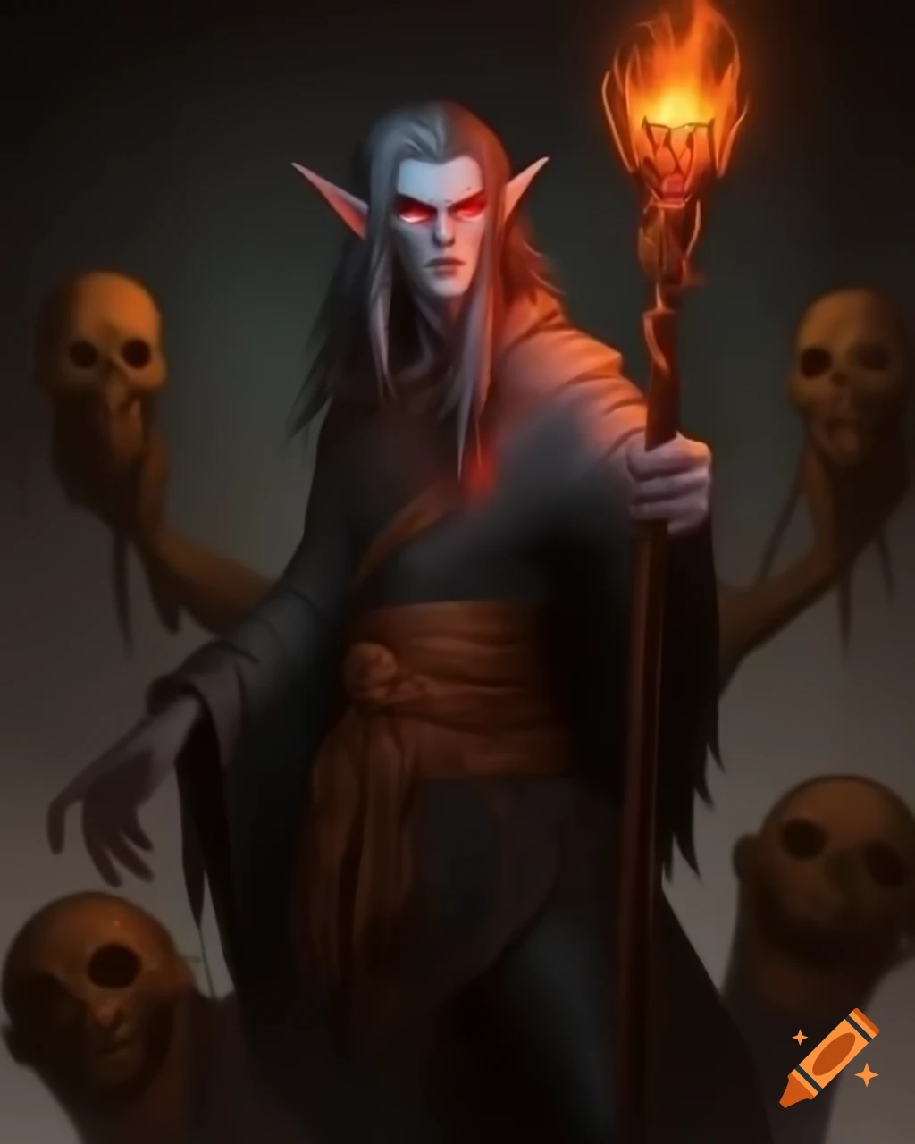 Male halfling necromancer with spiky hair and red eyes casting firebolt with undead companions