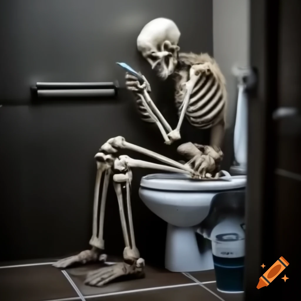 Skeleton seated on toilet using smartphone, humorous scene