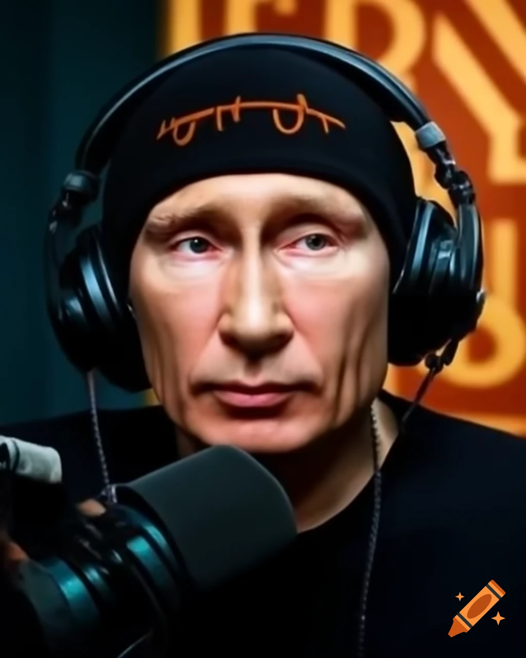 Vladimir Putin in black knit cap and orange Z t-shirt hosting podcast