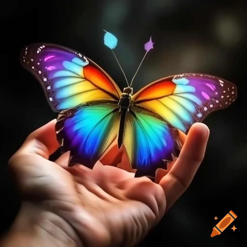 Cosmic rainbow butterfly flying from human hand