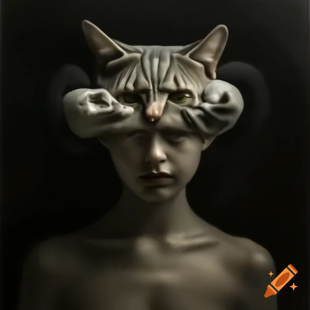 Cat-headed girl illustration influenced by Gustave Doré, Lovecraft, and body horror