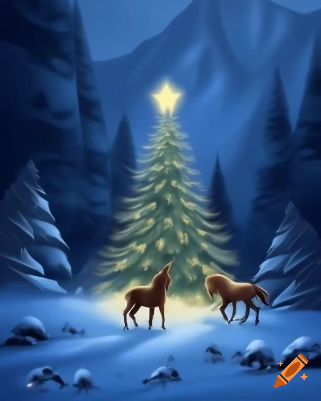Enchanting Christmas tree in snowy forest with mountains at night and foal