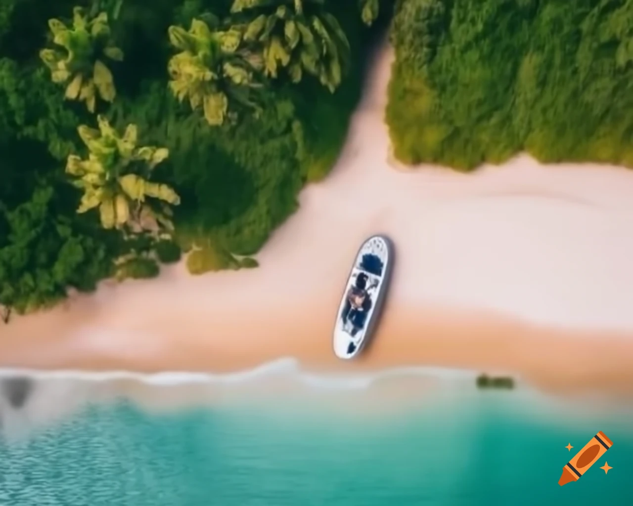Motorboat moored on sandy beach with vegetation at midday