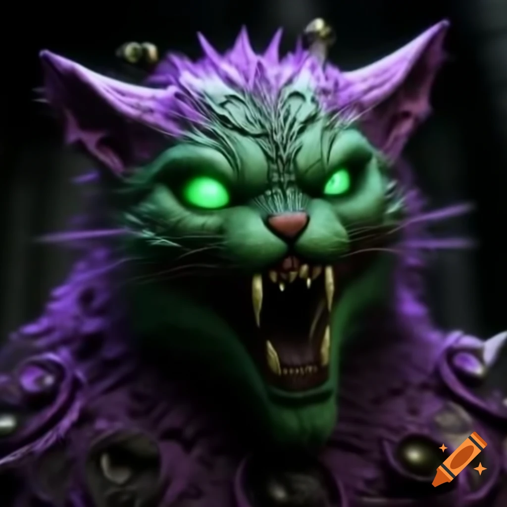 Detailed purple punk creature, half-cat half-monster with metal teeth, hunting in horror theme