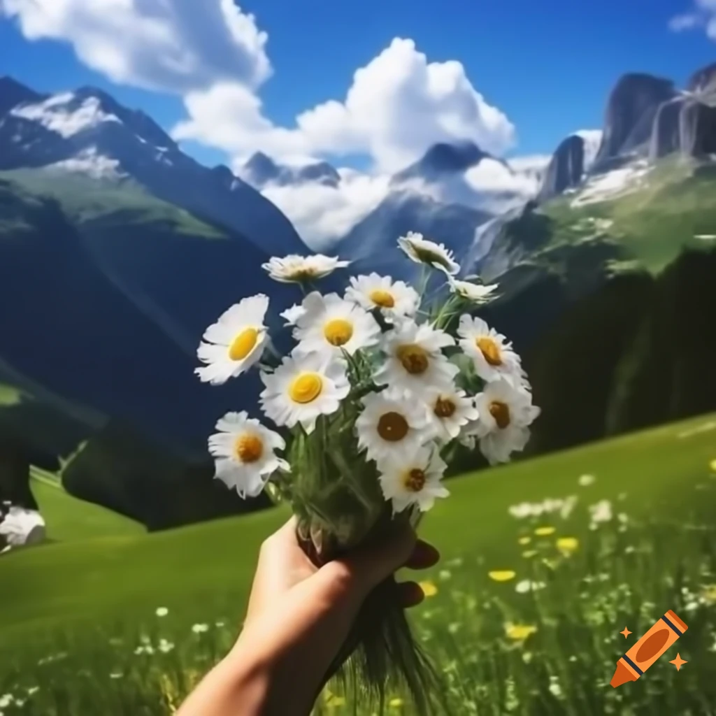 Man's hand holding daisy bouquet in Swiss mountains with valley view