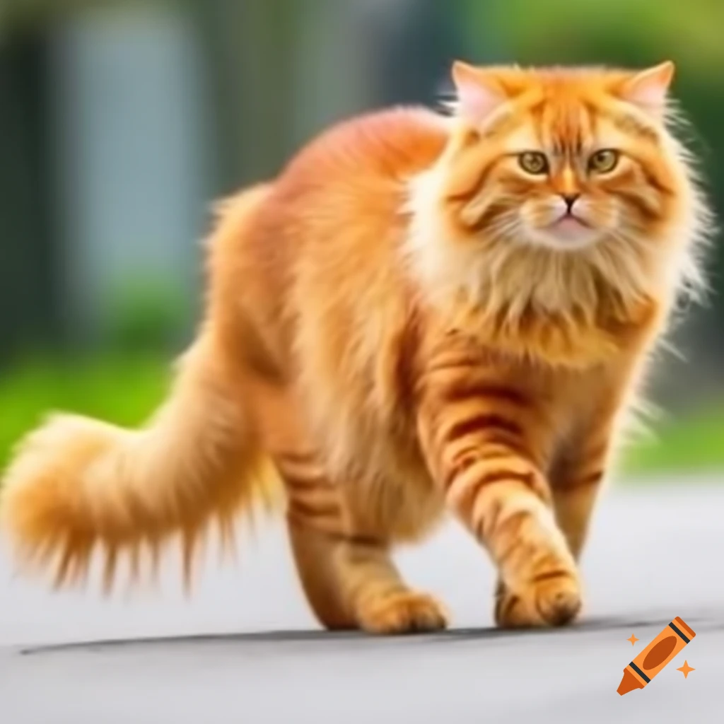 Long-haired orange cat walking gracefully