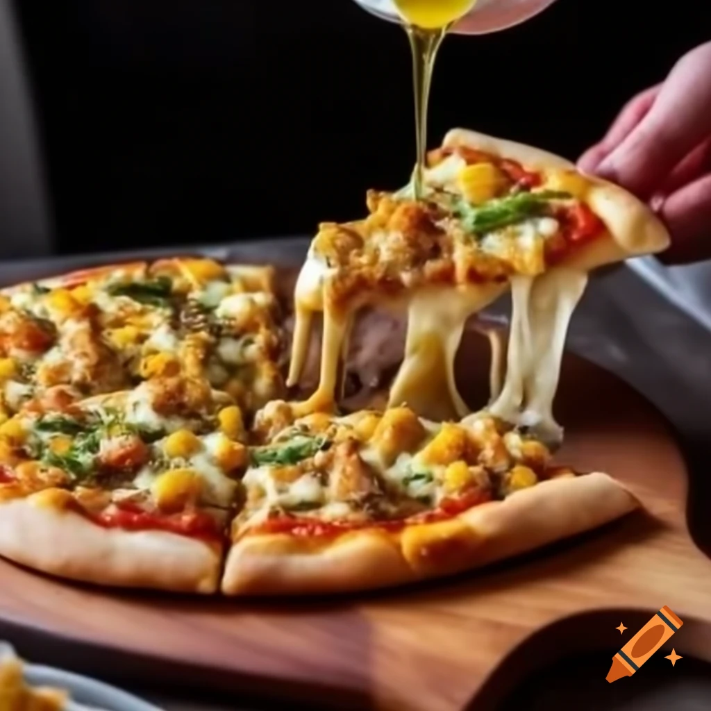 Pizza topped with herbed olive oil, corn, scallions, brined chicken, mozzarella, fontina cheese, and BBQ sauce