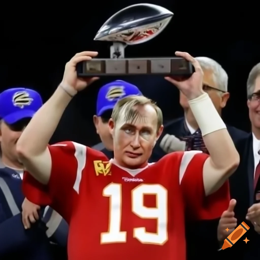 Vladimir Putin celebrating Super Bowl win holding Lombardi Trophy with teammates