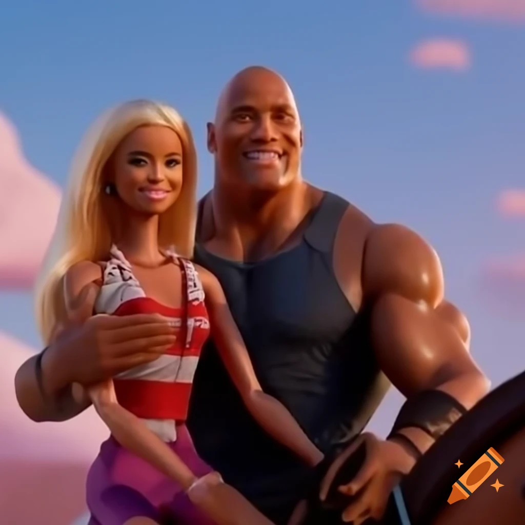 Dwayne Johnson humorously riding a Barbie doll
