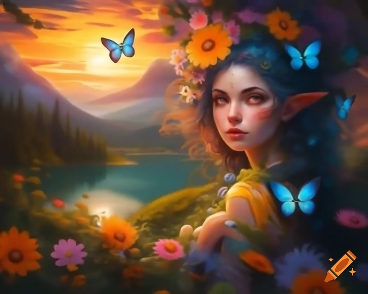 Enchanting woman with colorful hair adorned with wildflowers and butterflies, vibrant sunset background