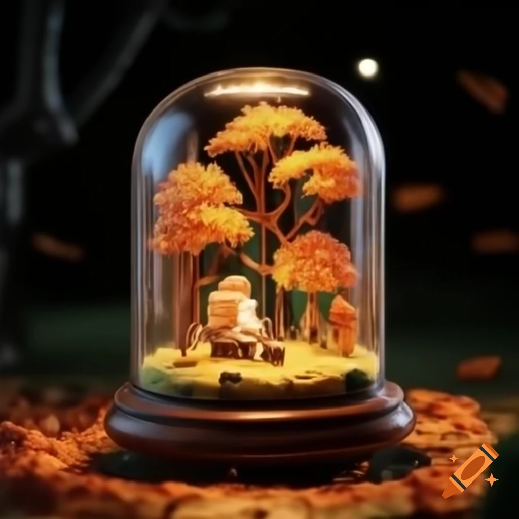 Miniature autumn forest in glass case with bright moon at night