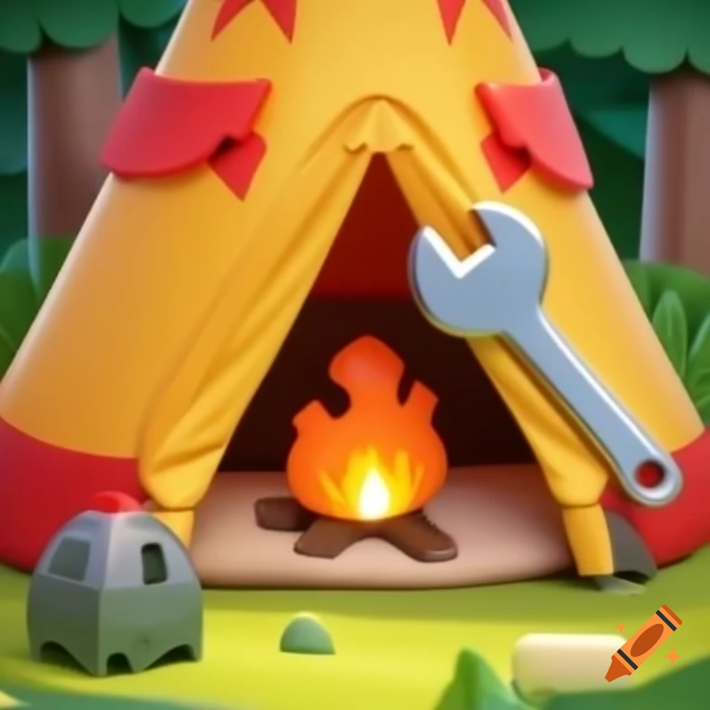 Cartoon wrench and screwdriver camping in a tent with campfire