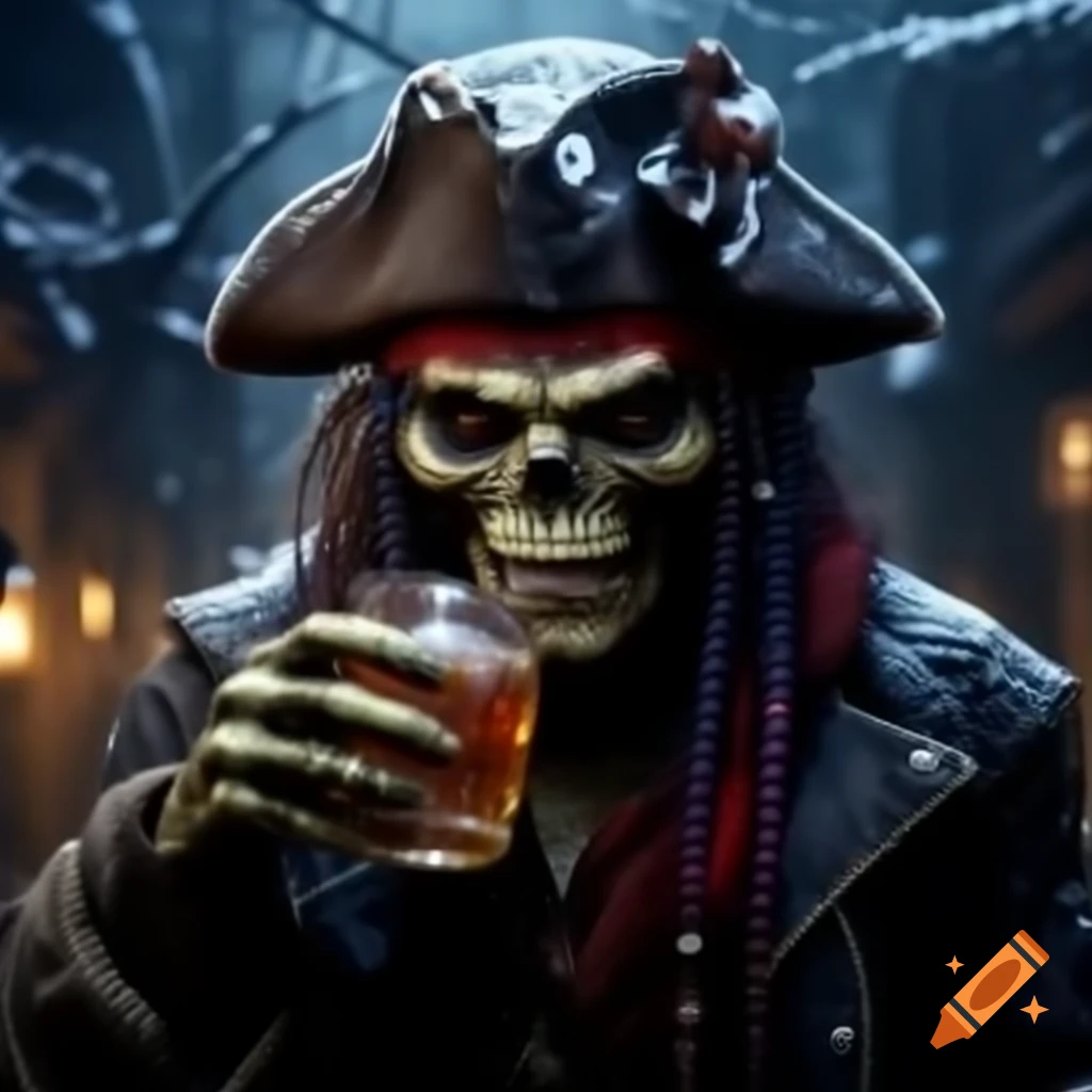 Zombie pirate in winter holding a rum bottle