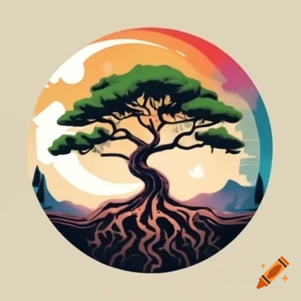Single color logo of juniper tree with roots around half-moon