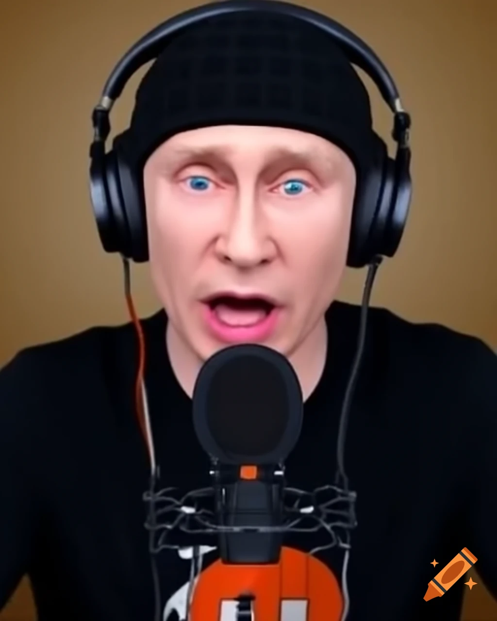 Realistic satire of Vladimir Putin in video podcast with headphones and microphone