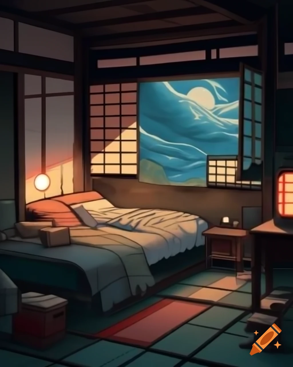 Ukiyo-e illustration of a cozy bedroom with dramatic anime lighting