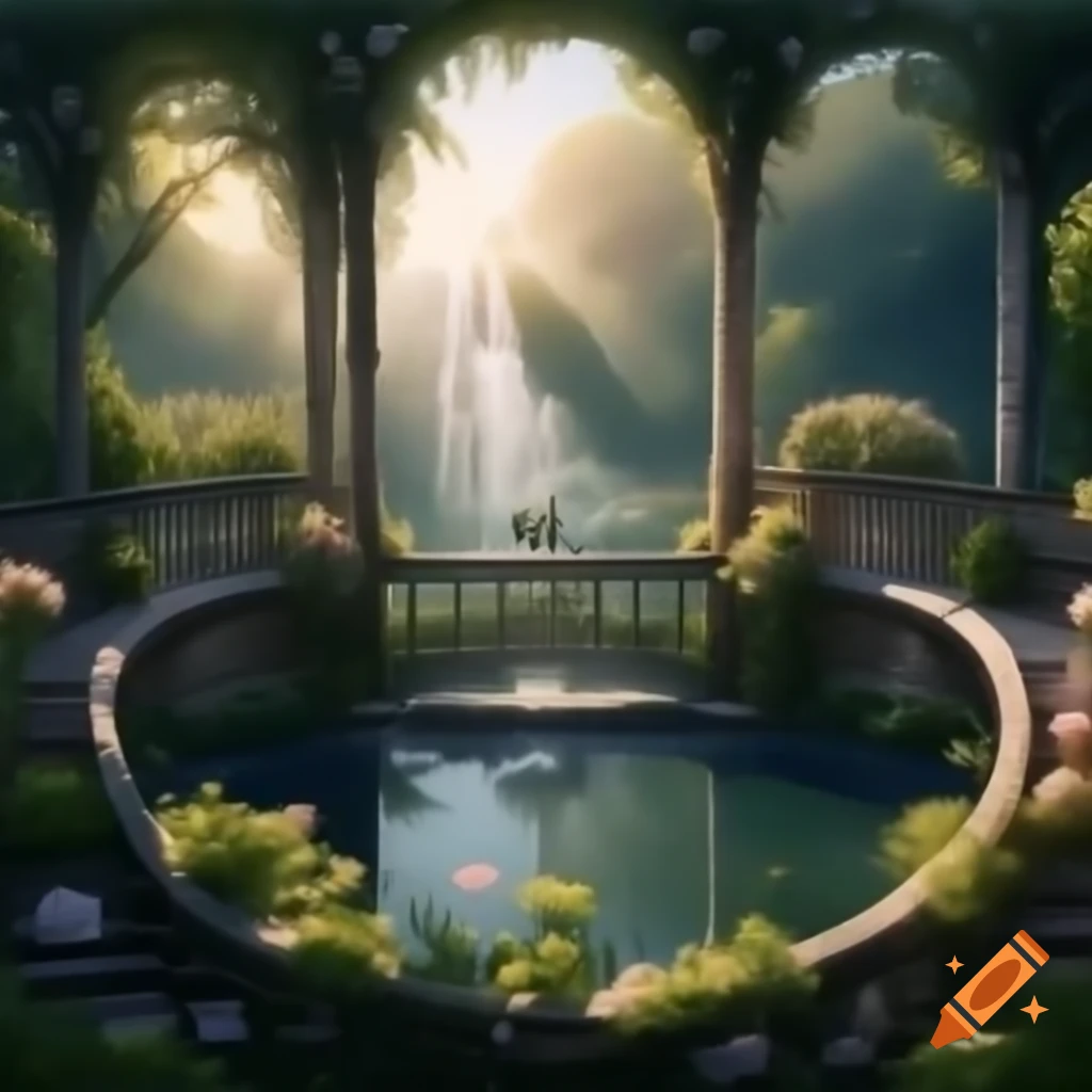 Victorian garden balcony with pond, tall rococo windows, and waterfall