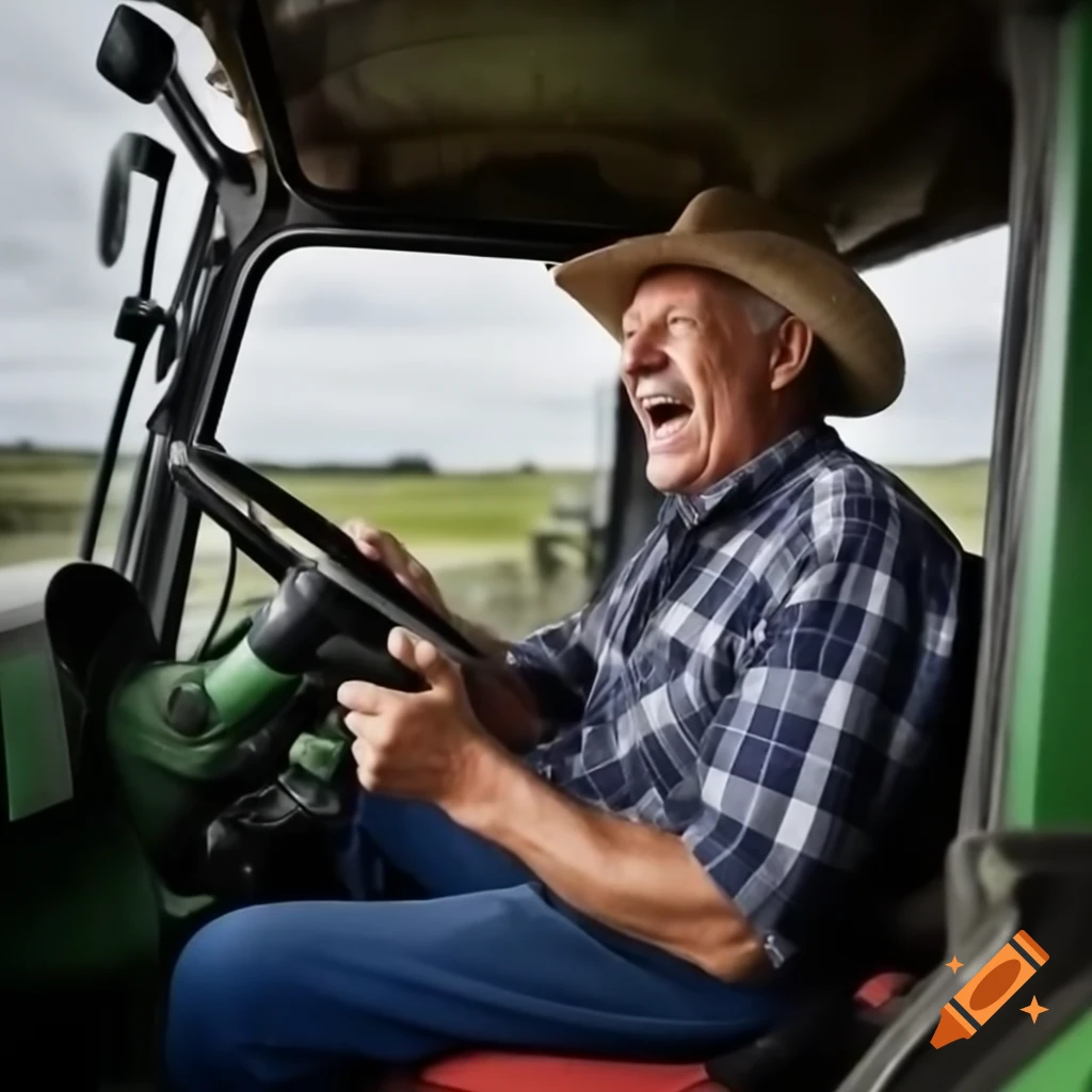 Farmer laughing while driving a tractor