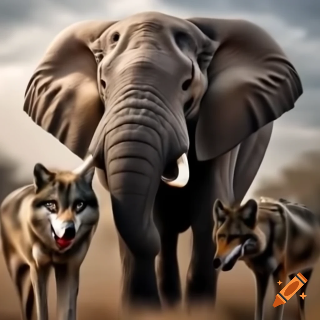 Elephant and wolf sharing a moment of friendship