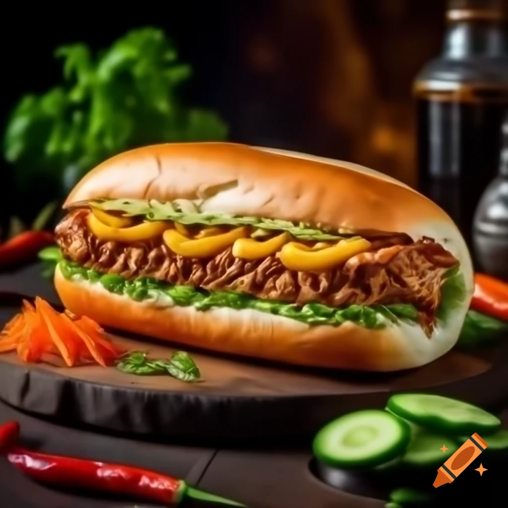Hyper-realistic Vietnamese banh mi with grilled pork and fresh ingredients in 8K