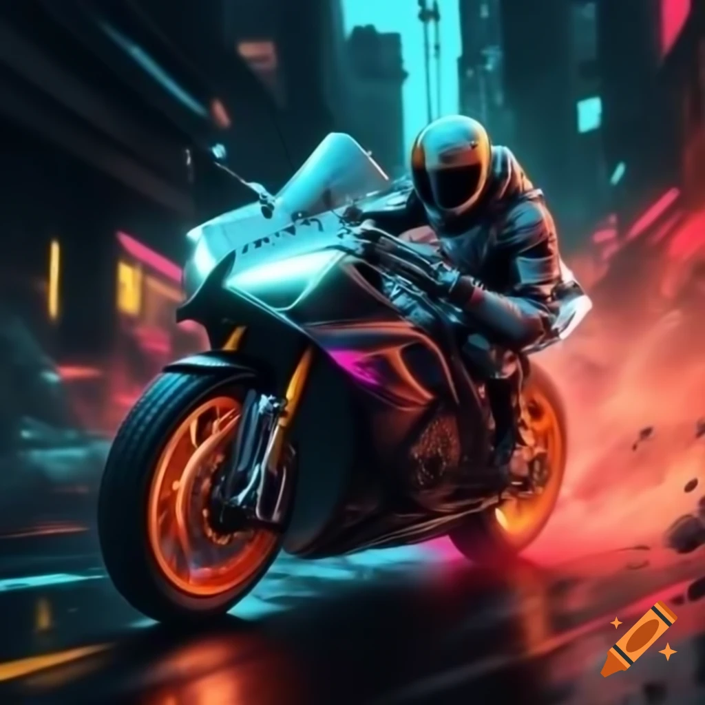 High-energy moto race poster with cyberpunk and Tron aesthetic