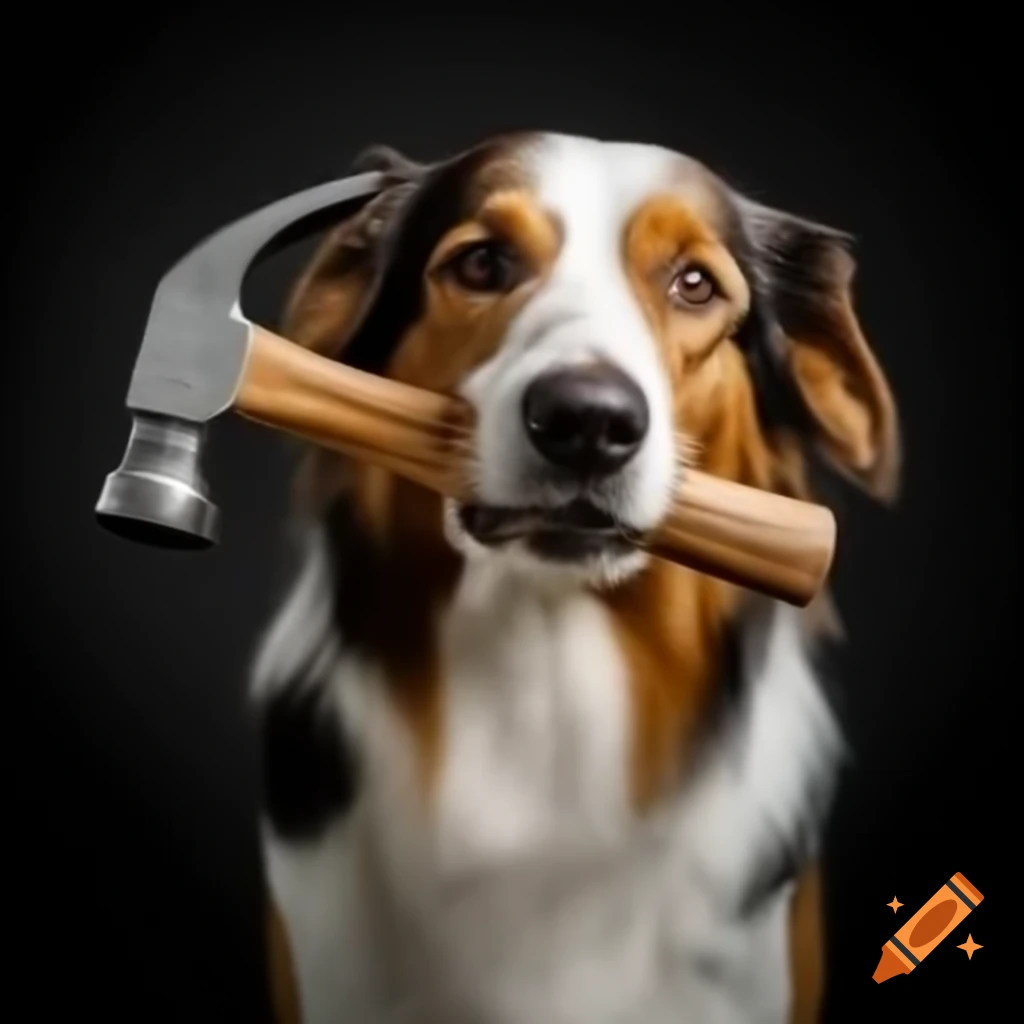 Dog holding a hammer in a playful pose