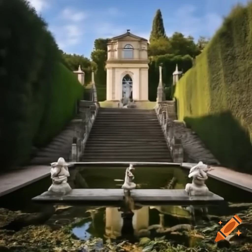 Rococo stucco entrance in leafy garden with pond and classical house