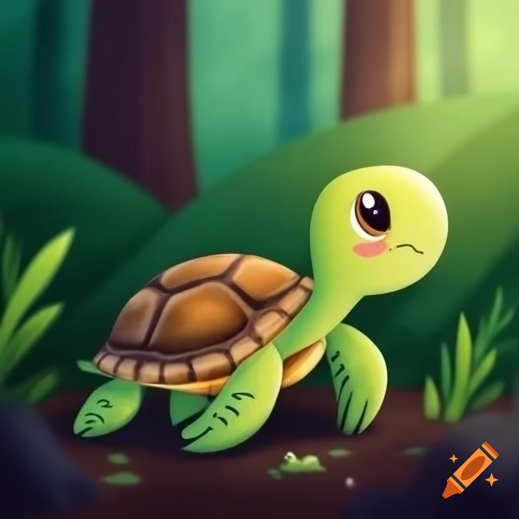 Adorable turtle in mythical forest setting