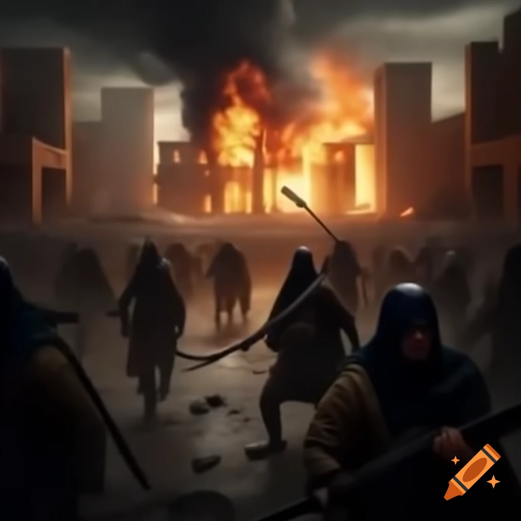 Mongol army laying siege to Khwarizm city, buildings ablaze