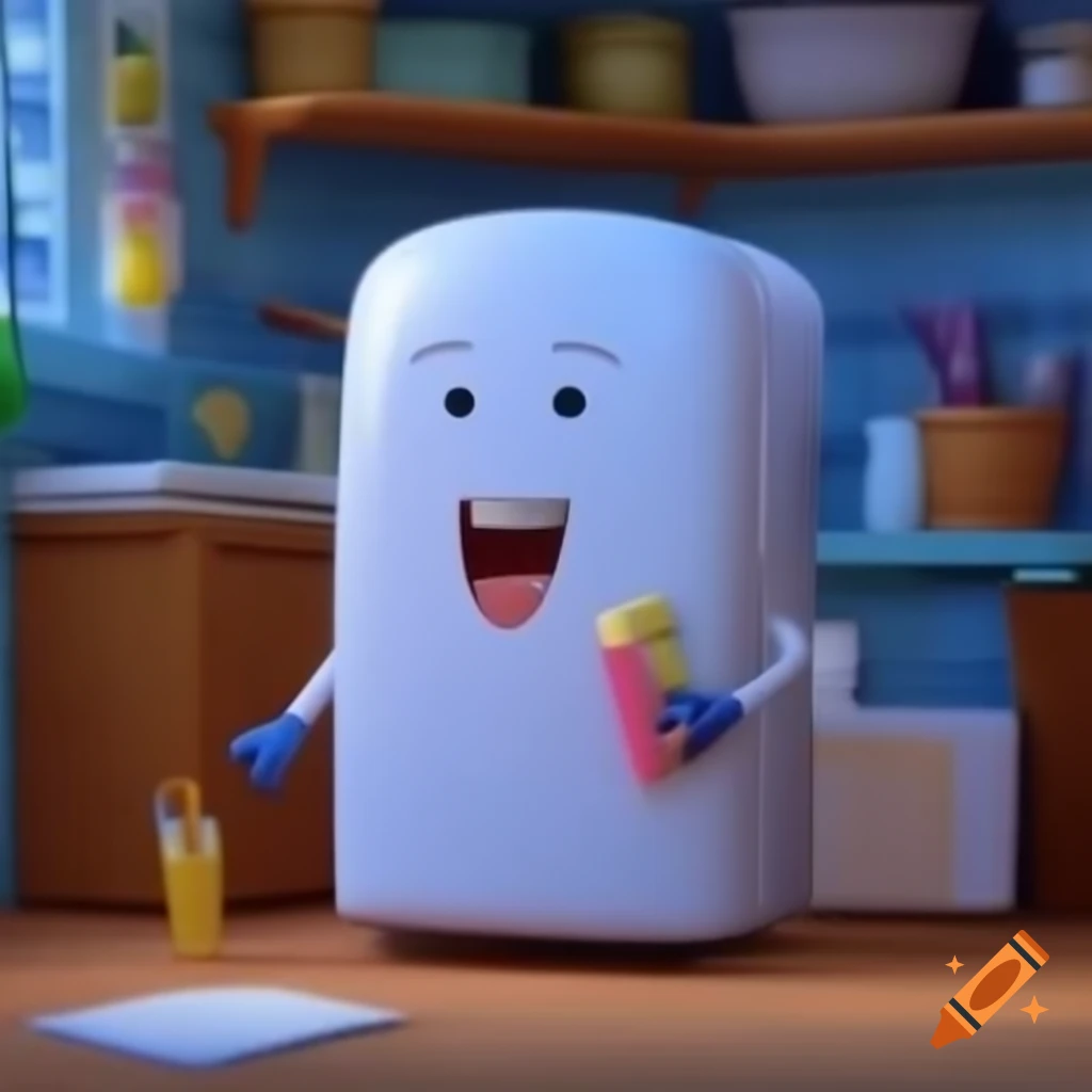 Fridge character engaged in homework activity
