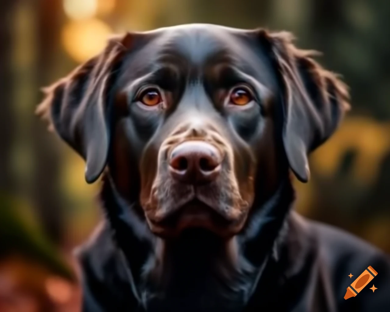 Hyperrealistic black Labrador Retriever in forest with dark brown eyes