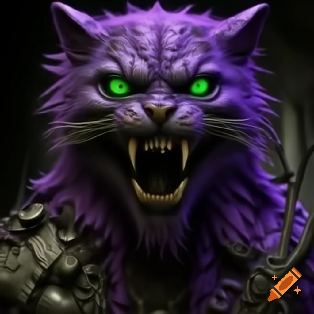 Detailed purple punk creature, half-cat half-monster with metal teeth, hunting in horror theme