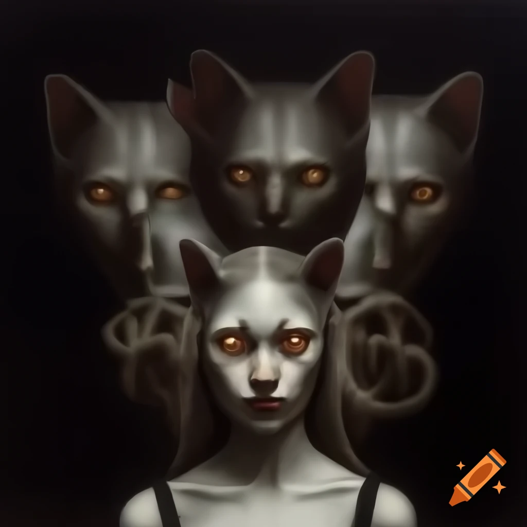 Cat-head-girl illustration inspired by Gustave Doré, Lovecraft, and body horror elements