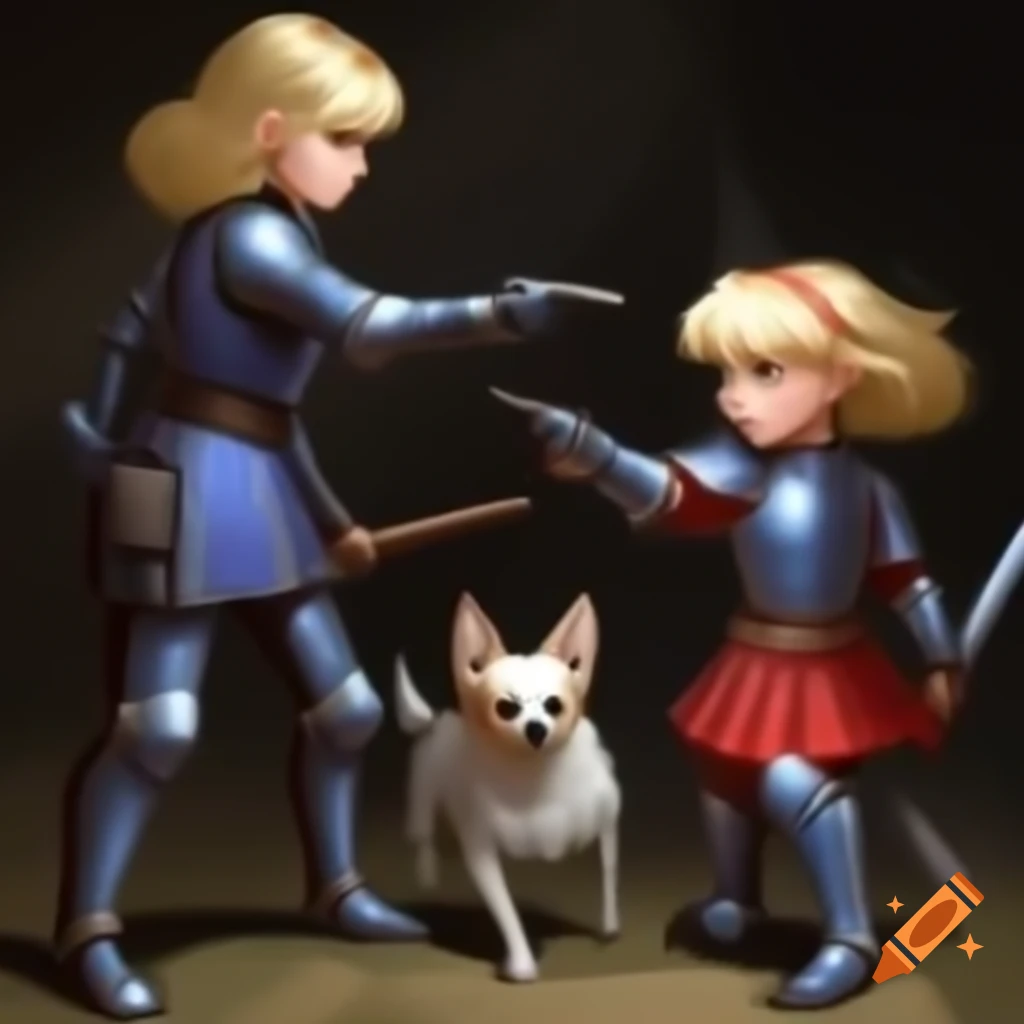 Two girls in plate armor battling for a blonde chihuahua
