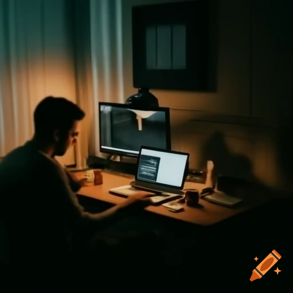 Person working late at night in an office with computer light illuminating their face, cluttered desk with papers and coffee cups