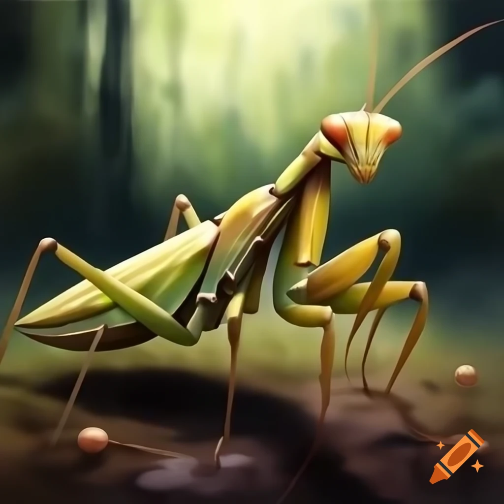 Realistic praying mantis illustration in watercolor style with forest background