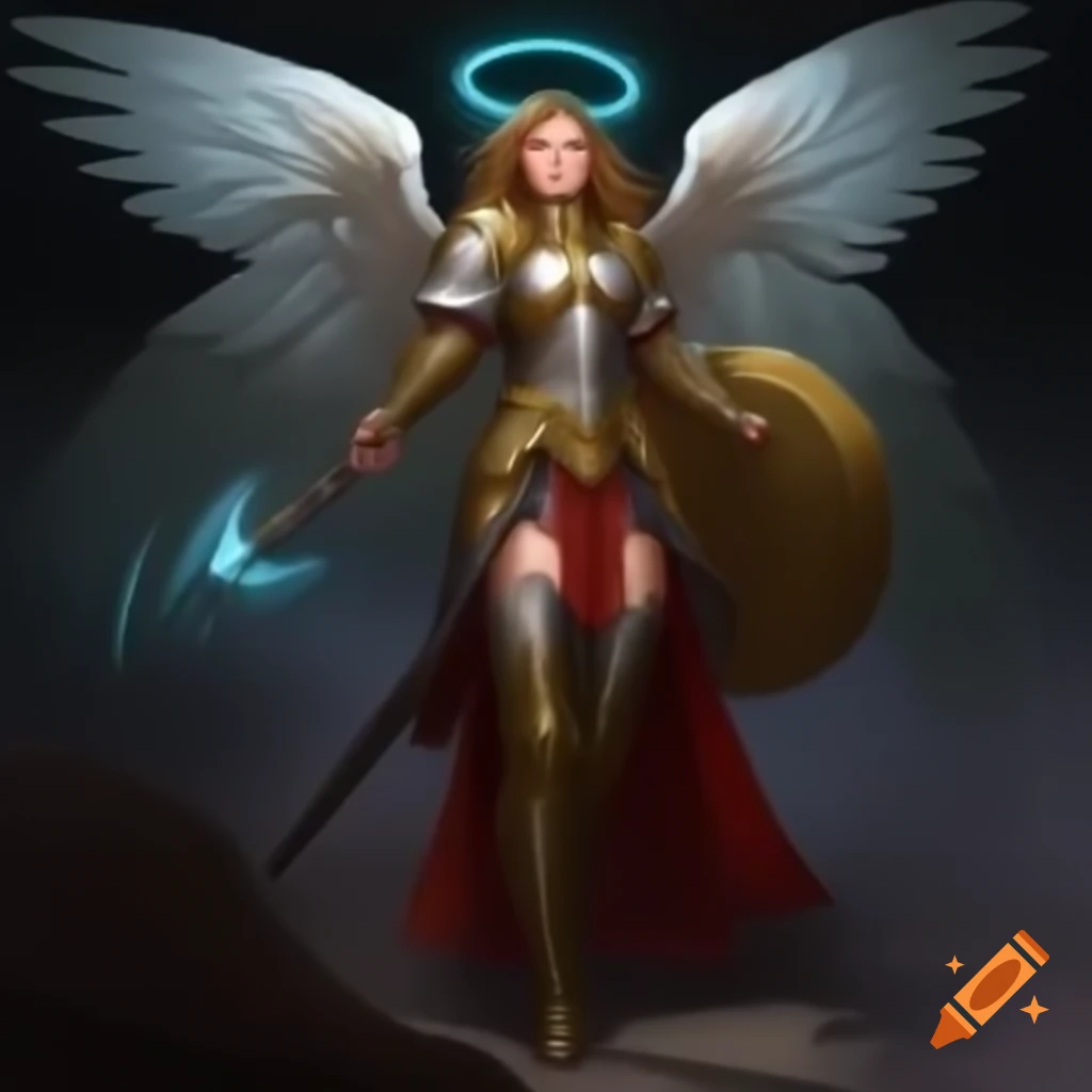 Female warrior with angel wings in plate armor wielding mace and shield