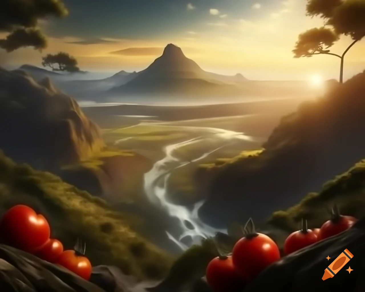 Legend of a valley surrounded by ripe tomatoes and towering mountains