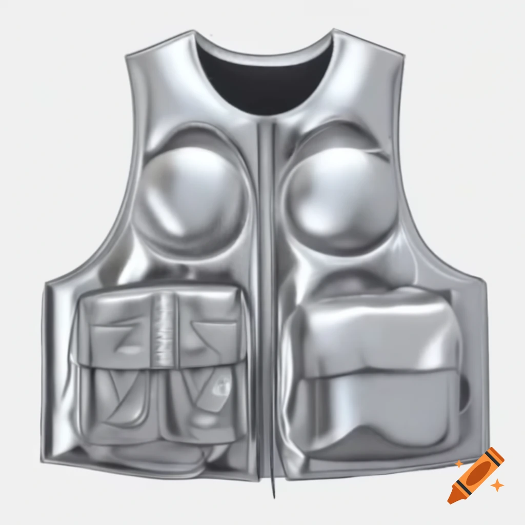 Futuristic oversized vest with shiny silver fabric and protective padding