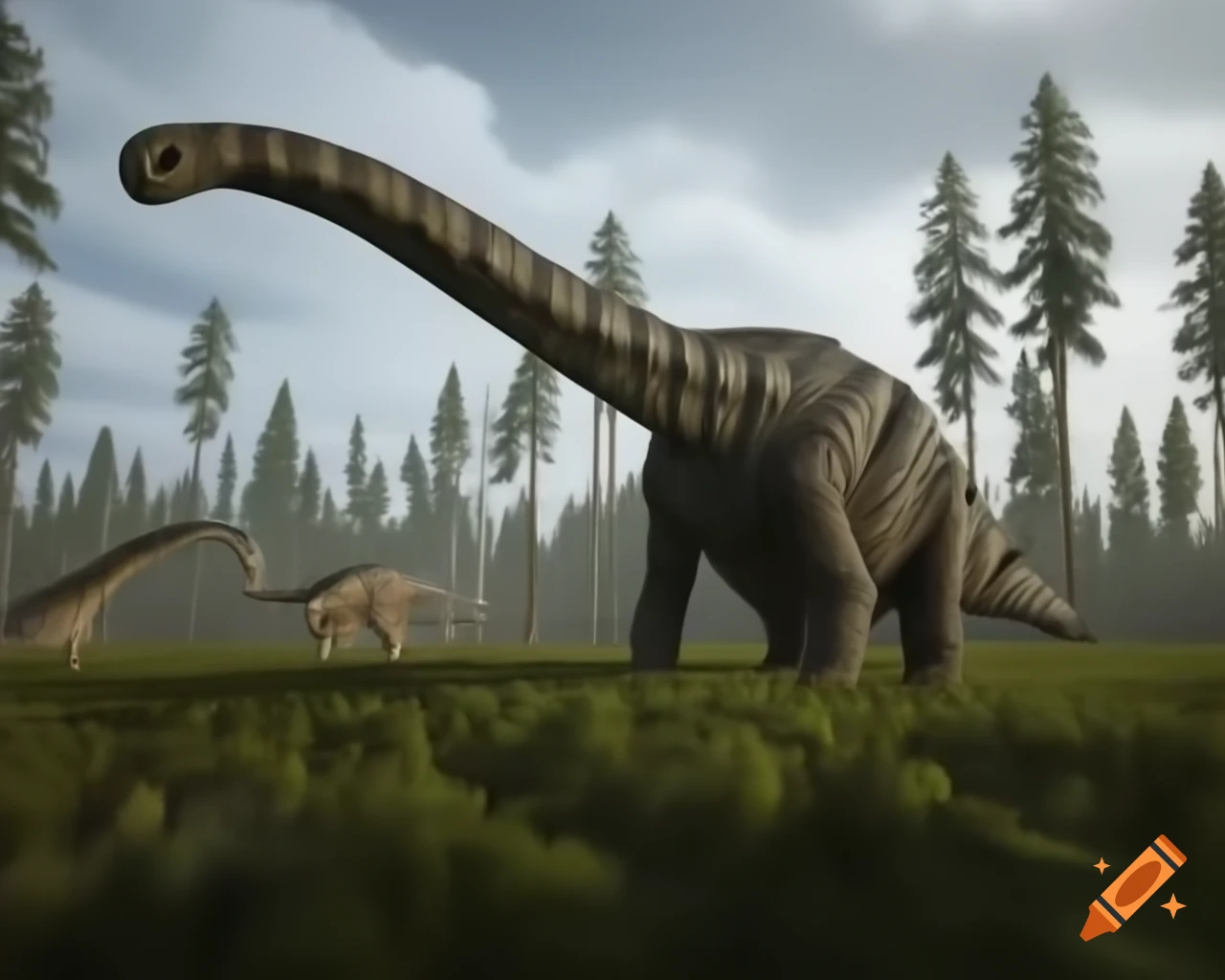 Ankylosaurus in fern prairie with fallen trees and Diplodocus in background, British Columbia