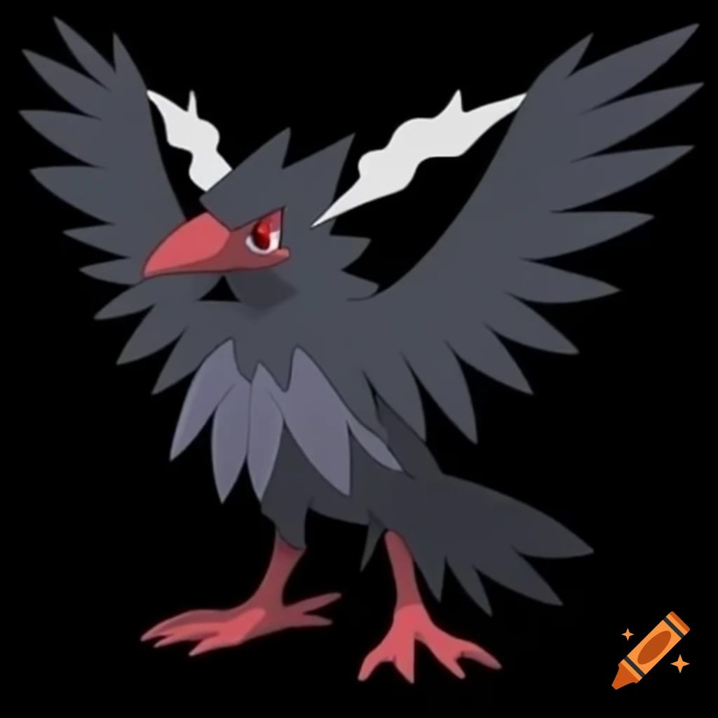 Cartoon anime ghost-like raven with red eyes, metal body and wings spread wide