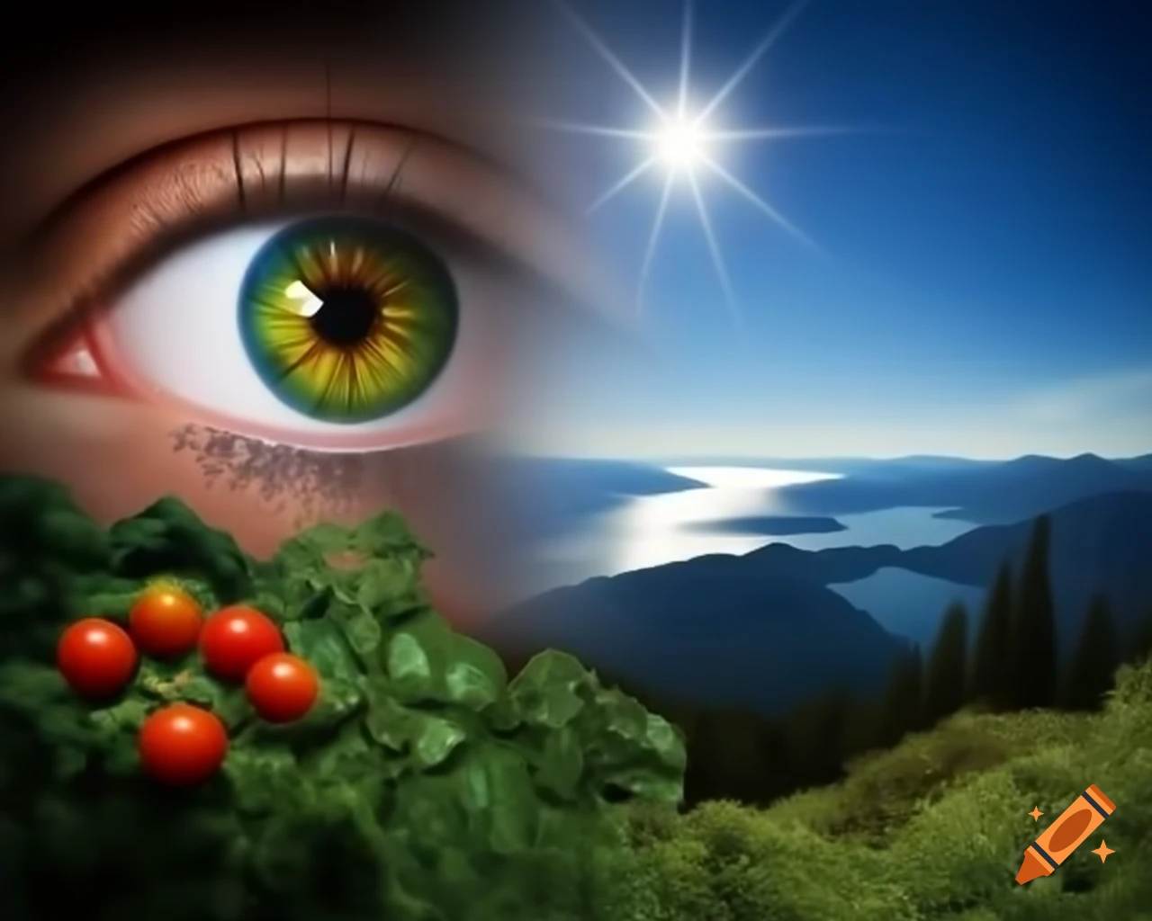 Surreal mountain range with giant eye above valley of ripened tomatoes