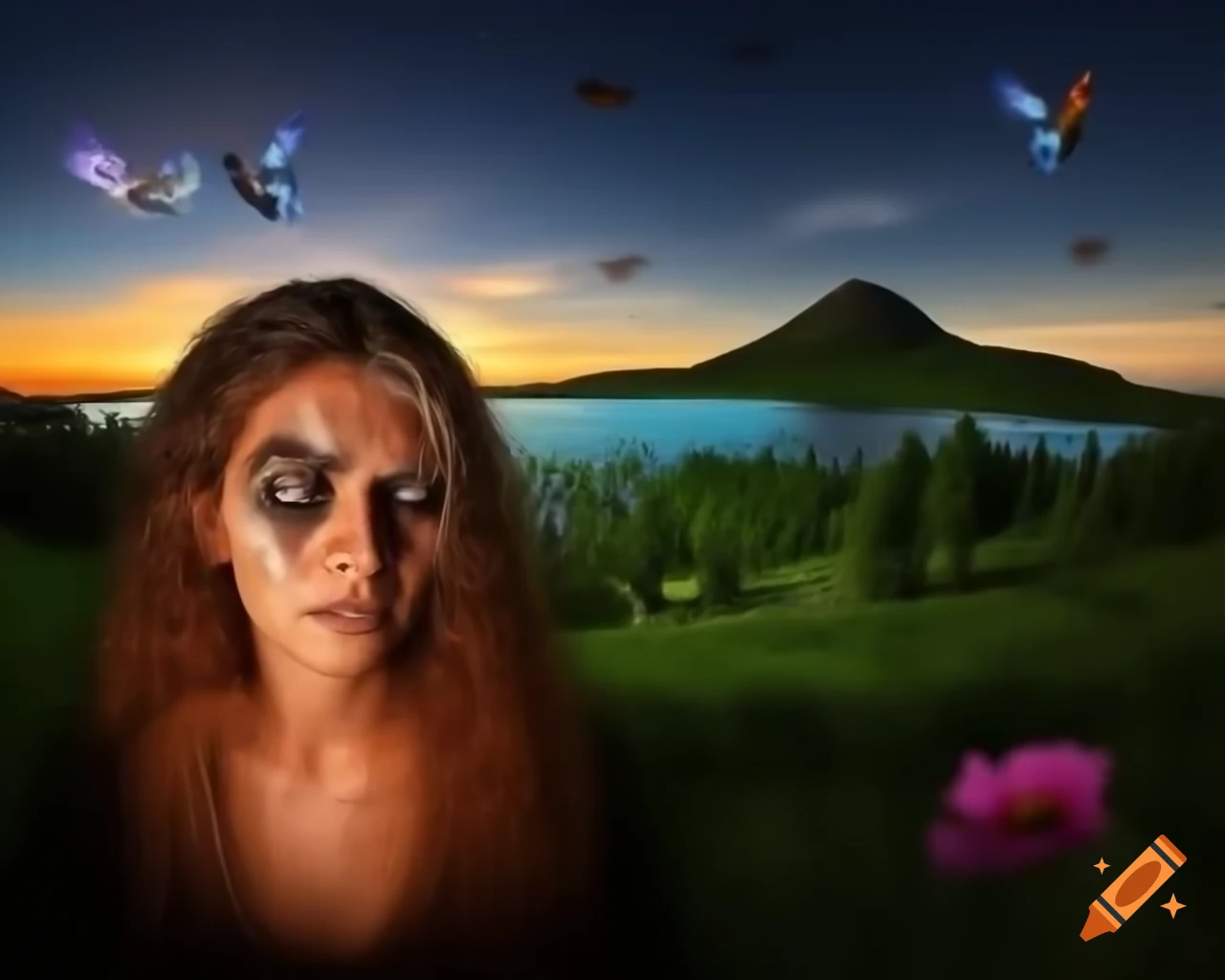 Surreal lifelike woman surrounded by ancient trees and wildflowers